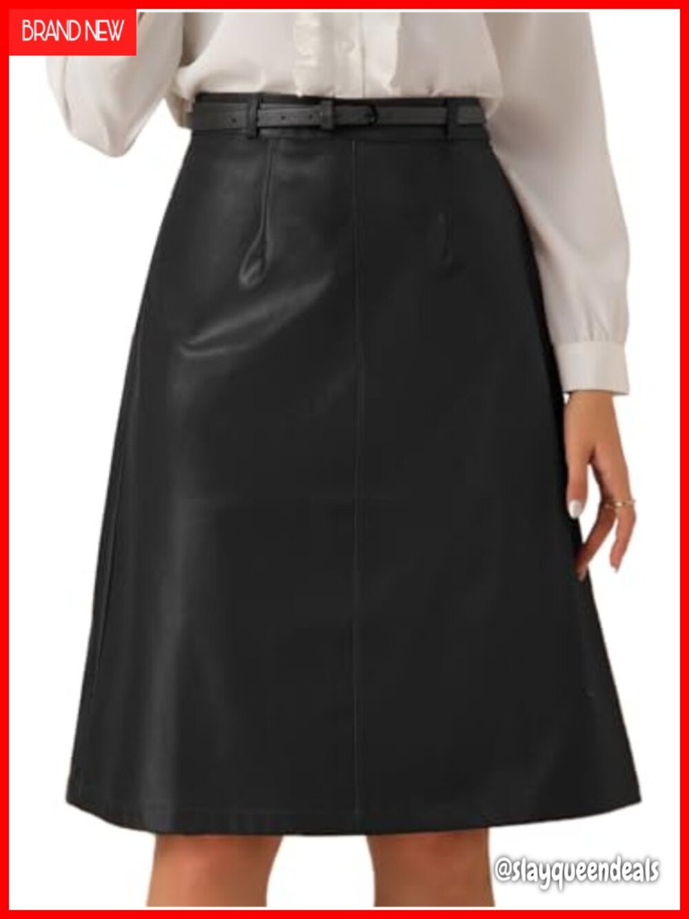 Faux Leather High Waisted A-Line Midi Skirt with Belt